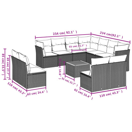 Set Divani da Giardino 12 pz con Cuscini Grigio in Polyrattan