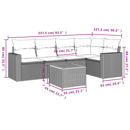 Set Divano da Giardino 6 pz con Cuscini Nero in Polyrattan
