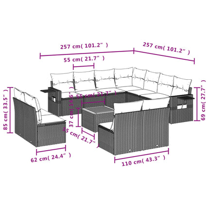 Set Divani da Giardino 12 pz con Cuscini Beige in Polyrattan