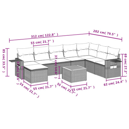 Set Divano da Giardino 9 pz con Cuscini Beige in Polyrattan