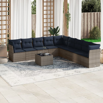 Set Divani da Giardino 10 pz con Cuscini Grigio in Polyrattan