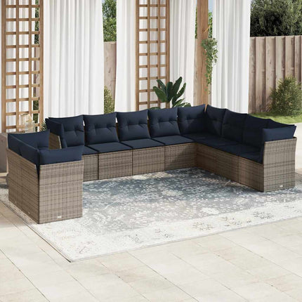 Set Divani da Giardino 10 pz con Cuscini Grigio in Polyrattan