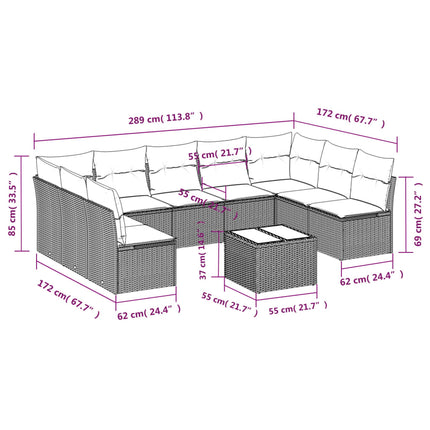 Set Divani da Giardino 10 pz con Cuscini Grigio in Polyrattan