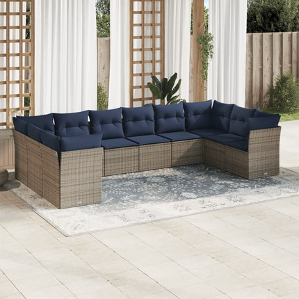 Set Divani da Giardino 10 pz con Cuscini Grigio in Polyrattan