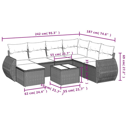 Set Divano da Giardino 8 pz con Cuscini Grigio in Polyrattan