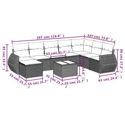 Set Divano da Giardino 9 pz con Cuscini Grigio in Polyrattan