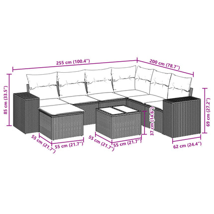 Set Divani da Giardino 8 pz con Cuscini Marrone in Polyrattan