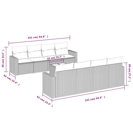 Set Divani da Giardino 9pz con Cuscini Marrone in Polyrattan