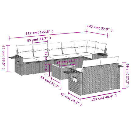Set Divano da Giardino 9 pz con Cuscini Beige Misto Polyrattan