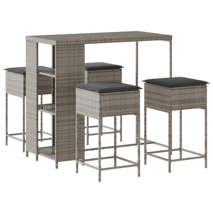 Set Bar da Giardino 5 pz con Cuscini in Polyrattan Grigio