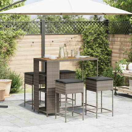 Set Bar da Giardino 5 pz con Cuscini in Polyrattan Grigio