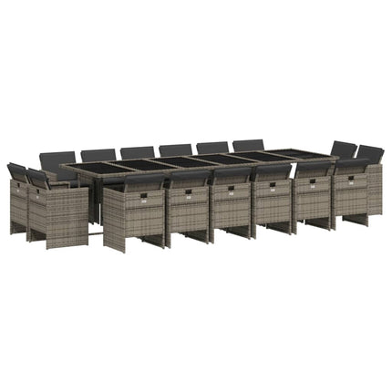 Set da Pranzo da Giardino 17pz con Cuscini Grigio in Polyrattan