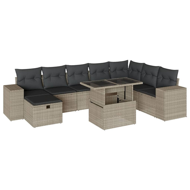 Set Divano da Giardino 9pz con Cuscini Grigio Chiaro Polyrattan