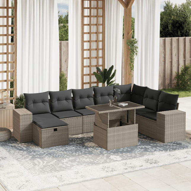 Set Divano da Giardino 9pz con Cuscini Grigio Chiaro Polyrattan