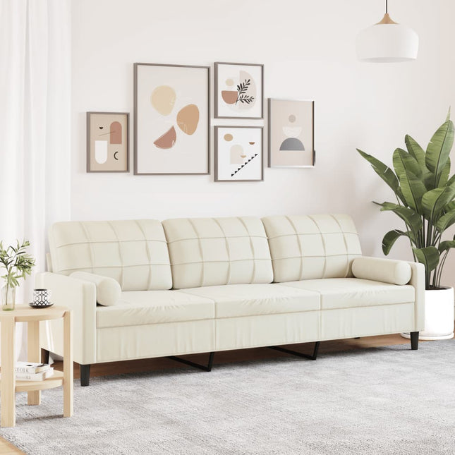 Divano a 3 Posti con Cuscini Crema 210 cm in Velluto