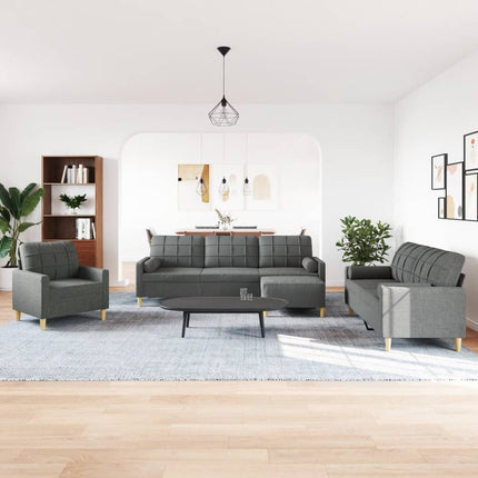 Set Divani 4 pz con Poggiapiedi e Cuscini Grigio Scuro Tessuto