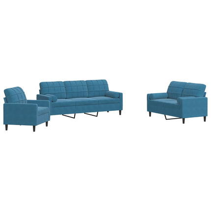 Set di Divani 3 pz con Cuscini e Rinforzi Blu in Velluto