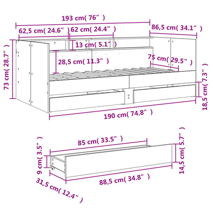 Divano Letto con Cassetti senza Materasso Rovere Fumo 75x190 cm