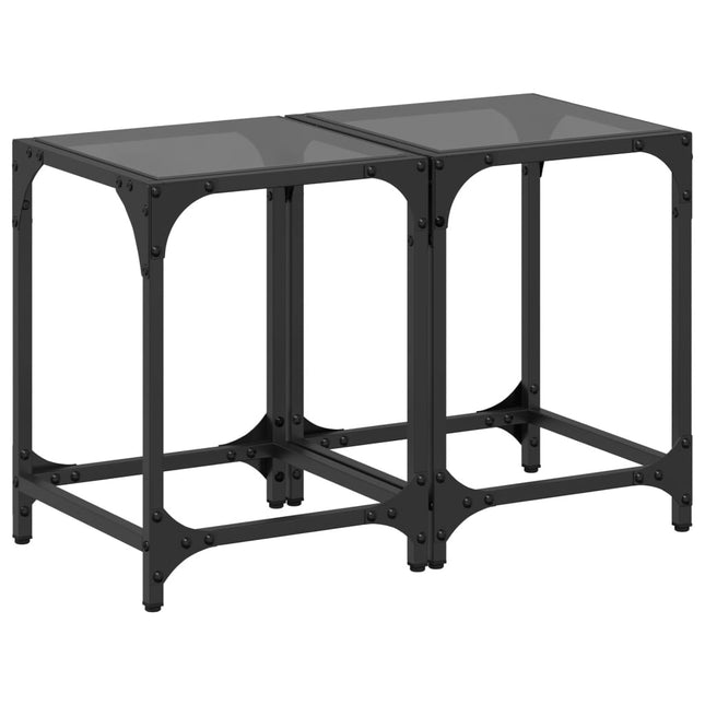 Tavolini da Salotto con Piano Vetro Nero 2pz 30x30x40cm Acciaio