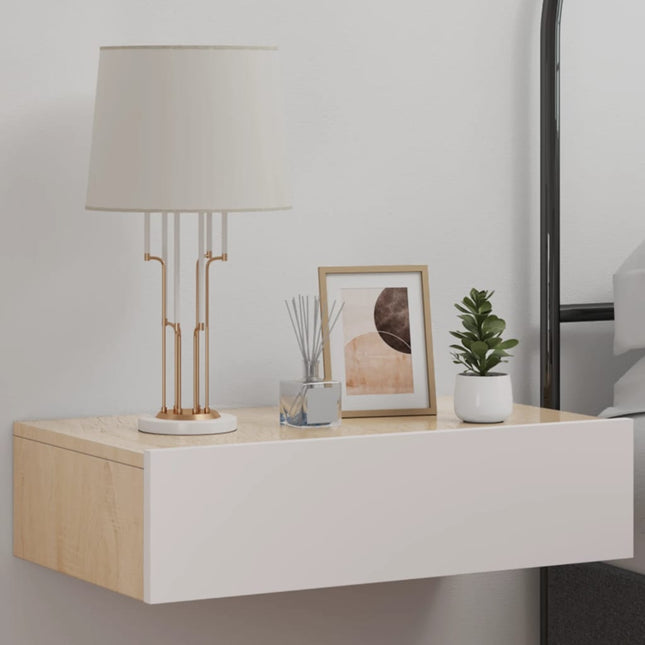 Comodino a Parete con LED Bianco e Rovere Sonoma