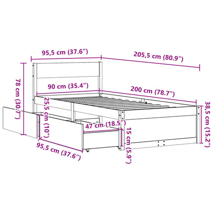 Letto senza Materasso 90x200 cm in Legno Massello di Pino