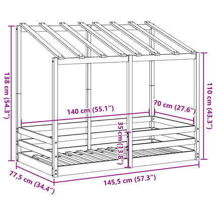 Letto per Bambini con Tetto Bianco 70x140cm Legno Massello Pino