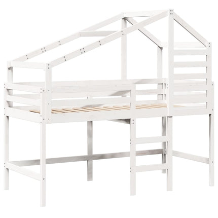 Letto Soppalco con Scala e Tetto Bianco 80x200 cm Massello Pino