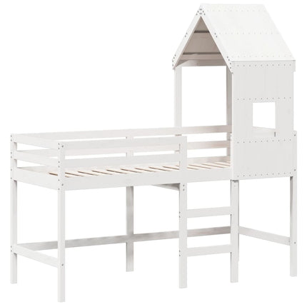 Letto Soppalco con Scala e Tetto Bianco 90x200 cm Massello Pino