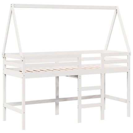 Letto Soppalco con Scala e Tetto Bianco 90x200 cm Massello Pino