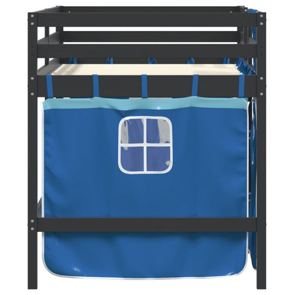 Letto a Soppalco Bambini con Tende Blu 90x190 cm Massello Pino