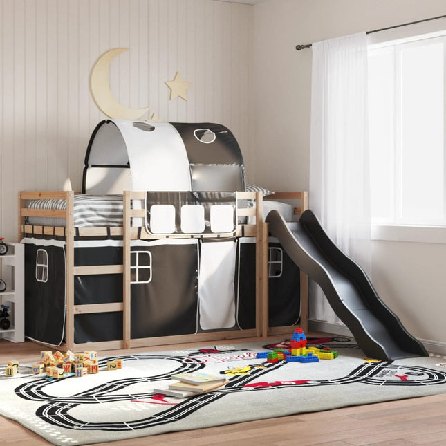 Letto a Castello con Scivolo e Tende Bianco e Nero 90x200 cm