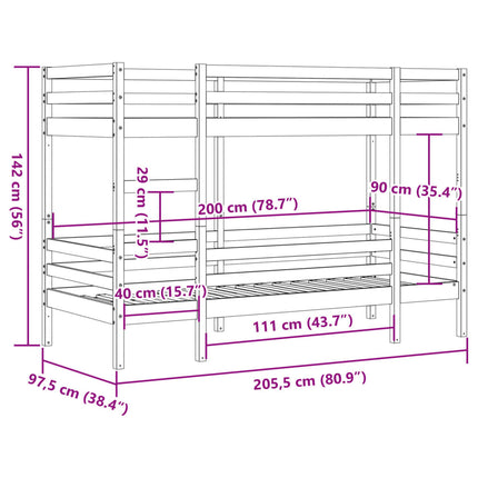 Letto a Castello Bianco 90x200 cm in Legno Massello di Pino