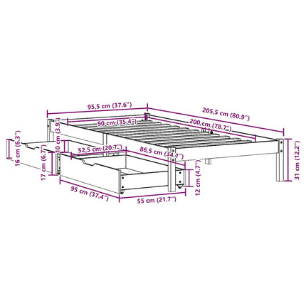 Letto senza Materasso Marrone Cera 90x200 cm Legno di Pino