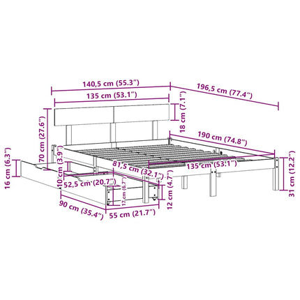 Letto senza Materasso 135x190 cm in Legno Massello di Pino