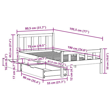 Letto senza Materasso 75x190 cm in Legno Massello Pino
