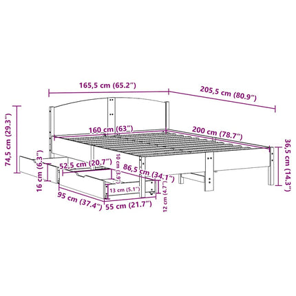 Letto senza Materasso Marrone Cera 160x200 cm in Legno di Pino