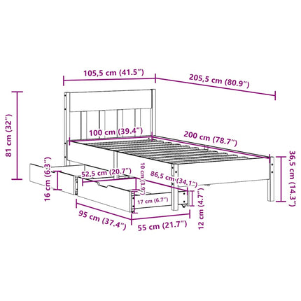 Letto senza Materasso Marrone Cera 100x200 cm in Legno di Pino