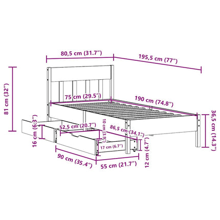 Letto senza Materasso 75x190 cm in Legno Massello Pino