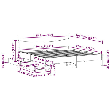 Giroletto con Cassetti Marrone Cera 180x200 Legno Massello Pino
