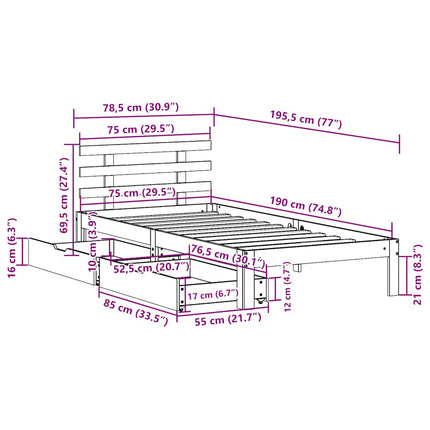 Giroletto Cassetti Marrone Cera 75x190cm in Legno Massello Pino