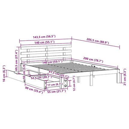 Giroletto Cassetti Marrone Cera 140x200 cm Legno Massello Pino