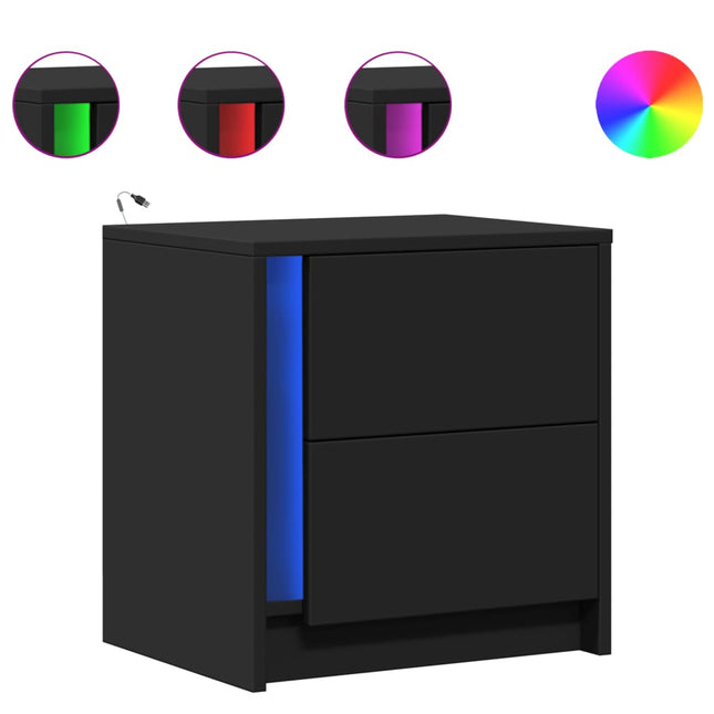 Comodino con Luci LED Nero in Legno Multistrato