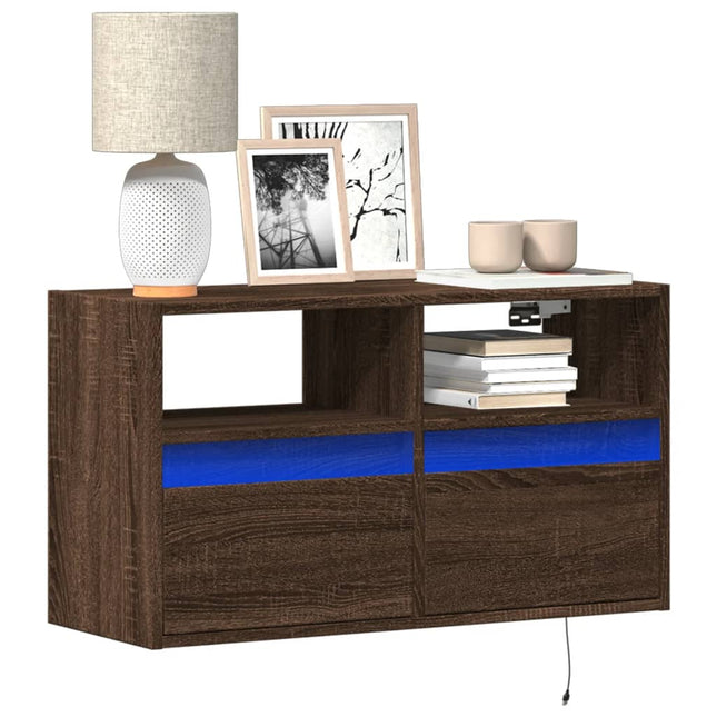 Mobile TV a Parete con Luci LED Rovere Marrone 80x31x45 cm