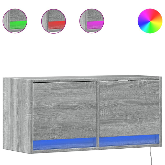 Mobile TV a Parete con Luci LED Grigio Sonoma 80x31x35 cm