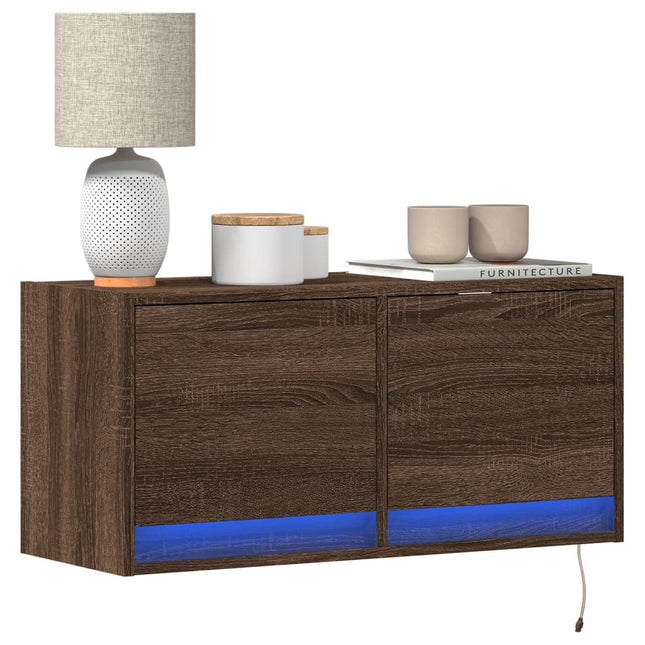 Mobile TV a Parete con Luci LED Rovere Marrone 80x31x35 cm
