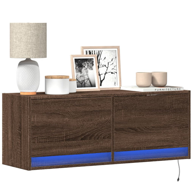 Mobile TV a Parete con Luci LED Rovere Marrone 100x31x35 cm