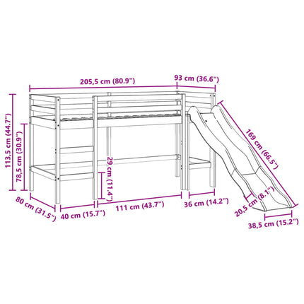 Letto Soppalco senza Materasso Bambini Marrone Cera 80x200 Pino