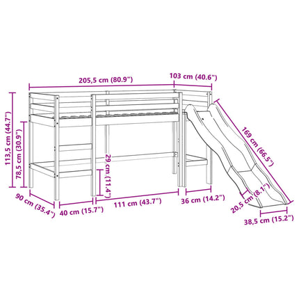 Letto a Soppalco senza Materasso Bambini 90x200cm Massello Pino