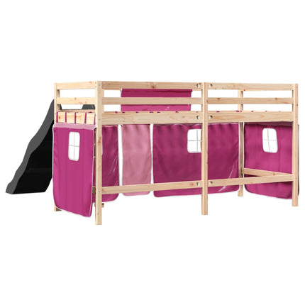 Letto a Soppalco con Tende Bambini Rosa 80x200 cm Massello Pino