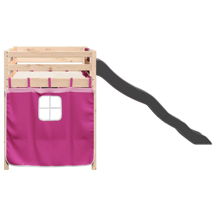 Letto a Soppalco con Tende Bambini Rosa 90x200 cm Massello Pino